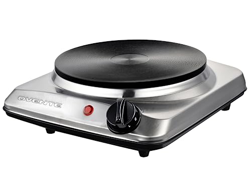 OVENTE Electric Countertop Single Burner, 1000W Cooktop with 7.25 Inch Cast Iron Hot Plate, 5 Level Temperature Controls, Compact Cooking Stove and Easy to Clean Stainless Steel Base, Silver BGS101S