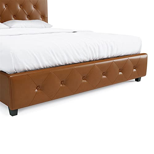 DHP Dakota Upholstered Platform Bed with Diamond Button Tufted Headboard and Footboard, No Box Spring Needed, Queen, Camel Faux Leather