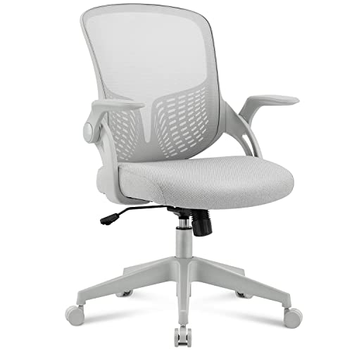 SMUG Home Office Ergonomic Desk Mesh Computer Modern Height Adjustable Swivel Chair with Lumbar Support/Flip-up Arms, Grey, 17" D x 19.5" W x 36" H