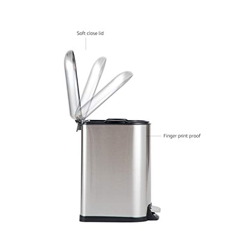 Amazon Basics 10 Liter / 2.6 Gallon Soft-Close, Smudge Resistant Small Trash Can with Foot Pedal for Narrow Spaces - Brushed Stainless Steel