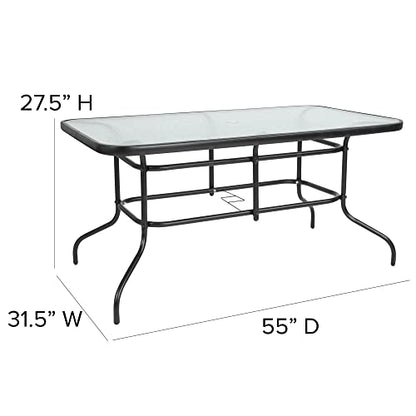 Flash Furniture Brazos 7 Piece Outdoor Patio Dining Set - 6 Gray Flex Comfort Stack Chairs - 55" Tempered Glass Patio Table with Umbrella Hole