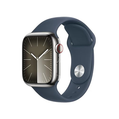 Apple Watch Series 9 [GPS + Cellular 41mm] Smartwatch with Silver Stainless Steel Case with Storm Blue Sport Band S/M. Fitness Tracker, Blood Oxygen & ECG Apps, Always-On Retina Display