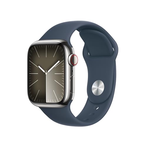 Apple Watch Series 9 [GPS + Cellular 41mm] Smartwatch with Silver Stainless Steel Case with Storm Blue Sport Band S/M. Fitness Tracker, Blood Oxygen & ECG Apps, Always-On Retina Display