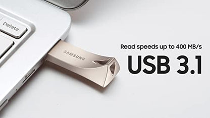 SAMSUNG BAR Plus 3.1 USB Flash Drive, 128GB, 400MB/s, Rugged Metal Casing, Storage Expansion for Photos, Videos, Music, Files, MUF-128BE3/AM, Champagne Silver