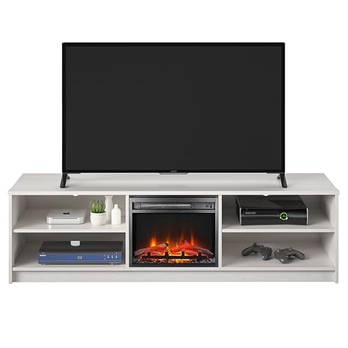 Ameriwood Home Noble TV Stand with Electric Fireplace Insert and 4 Shelves, 75", Ivory Oak