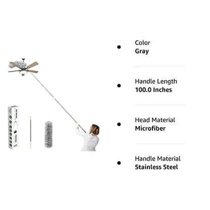 Clonynix Microfiber Feather Duster with Telescopic 30"-100" Long Stainless Steel Pole & Bendable Head, Washable Duster for Cleaning Interior Roof,High Ceiling Fan, Blinds, Furniture & Cars