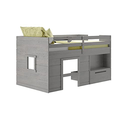 Max & Lily Modern Farmhouse Low Loft Bed, Twin Bed Frame for Kids with 1 Drawer, Driftwood