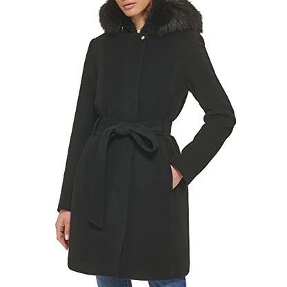 Cole Haan Women's Hooded Coat Slick Wool with Detatchable Faux Fur Trim, Black