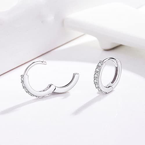 Silver Huggie Hoop Earrings, 925 Sterling Silver 14K Gold Plated Cubic Zirconia Cuff Earrings for Women Girls, Sparkle Hypoallergenic 13mm Small Cartilage Piercing Stud- Silver