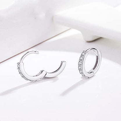 Silver Huggie Hoop Earrings, 925 Sterling Silver 14K Gold Plated Cubic Zirconia Cuff Earrings for Women Girls, Sparkle Hypoallergenic 13mm Small Cartilage Piercing Stud- Silver