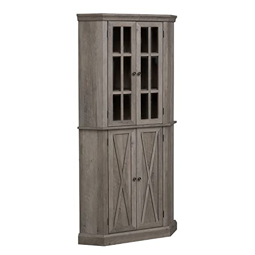 Home Source Kitchen Corner Cabinet with Doors, Wood Corner Hutch, Transparent Glass Doors, Bar Cabinet for Living Room, Kitchen, Farmhouse, Basement, Stone Grey