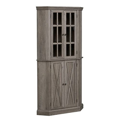 Home Source Kitchen Corner Cabinet with Doors, Wood Corner Hutch, Transparent Glass Doors, Bar Cabinet for Living Room, Kitchen, Farmhouse, Basement, Stone Grey