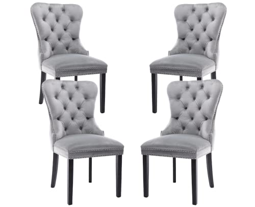 CIMOTA Velvet Dining Chairs Set of 4, Modern Tufted Dining Room Chairs with Nailhead Trim Upholstered Armless Side Chair with Solid Wood for Kitchen/Dining Room/Bedroom (Light Grey, Ring on The Back)