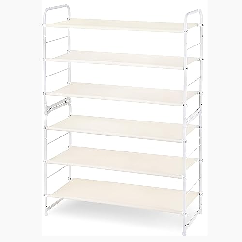 Simple Trending 6-Tier Stackable Shoe Rack, Expandable & Adjustable Fabric Shoe Shelf Storage Organizer, White