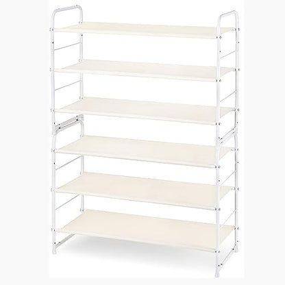 Simple Trending 6-Tier Stackable Shoe Rack, Expandable & Adjustable Fabric Shoe Shelf Storage Organizer, White