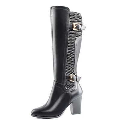 DCMBLY Knee High Boots Women Chunky Heel Almoud Toes Full Side Zipper Boots with Super Elasticity Embroidering Shrinked PU