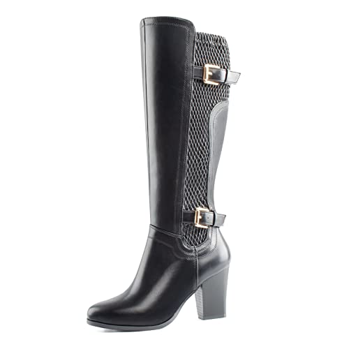 DCMBLY Knee High Boots Women Chunky Heel Almoud Toes Full Side Zipper Boots with Super Elasticity Embroidering Shrinked PU