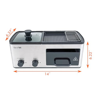 4 in 1 Breakfast Maker Station with Indoor Grill/Griddle/Toast Drawer/Frying Basket, Removable Nonstick Plates, Dual Temperature Control, Silver