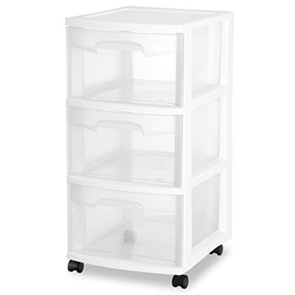 Sterilite 28308002 3 Drawer Cart, White Frame with Clear Drawers and Black Casters, 2-Pack