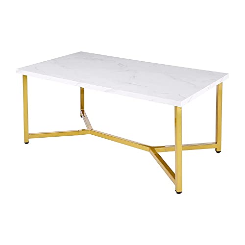 AZL1 Life Concept Marble Gold Mid Century Modern Rectangle Coffee Table, White