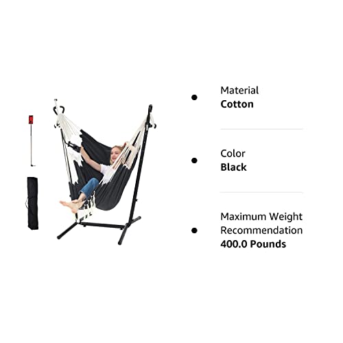 Hammock Chair with Stand Double Hammock Chair Bohemian Style with Tassel Phone Stand Handmade Adjustable Swing Indoor Outdoor Patio Garden Porch with footrest can Lie Down Capacity 400 pounds (Black)