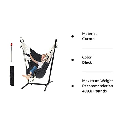 Hammock Chair with Stand Double Hammock Chair Bohemian Style with Tassel Phone Stand Handmade Adjustable Swing Indoor Outdoor Patio Garden Porch with footrest can Lie Down Capacity 400 pounds (Black)