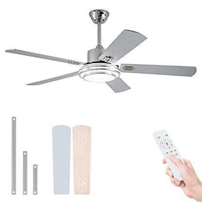 UOJ 52” Ceiling Fans with Lights and Remote Control,Modern Indoor Outdoor Ceiling Fan with 5 Double-sided Wood Blade for Patio,Farmhouse,LivingRoom,Bedroom,Office(silver)