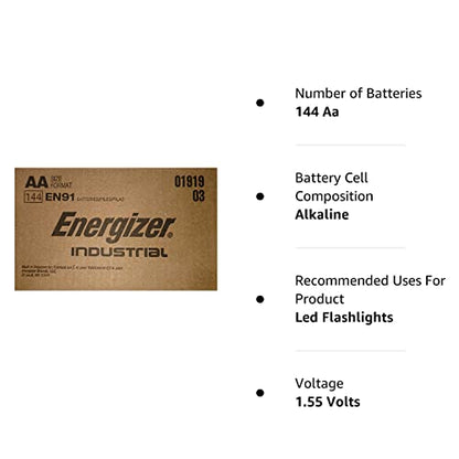 Energizer EN91 Industrial Alkaline Batteries, AA (Box of 144 Batteries) - Made in The USA or Singapore