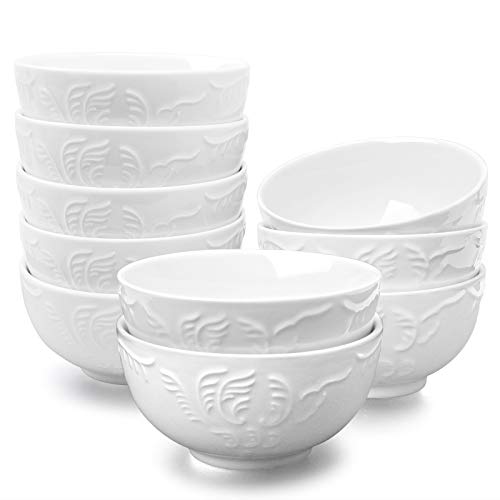 amhomel Cereal Bowls Set of 10 with Embossed Texture, Small Soup Bowls, 11 Ounce Porcelain Deep Bowls for Ice Cream Dessert and Condiment, Lead-Free, Dishwasher & Microwave Safe - White, 4.5 Inch