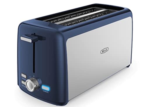 BELLA 4 Slice Toaster, Long Slot & Removable Crumb Tray, 7 Shading Options with Auto Shut Off, Cancel & Reheat Button, Toast Bread & Bagel, Stainless Steel & Blue
