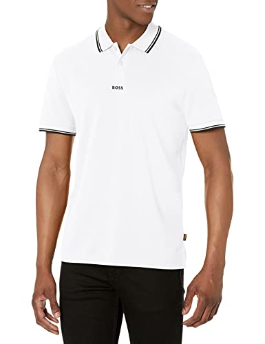 BOSS Men's Center Logo Pique Cotton Polo Shirt, White soap, Large