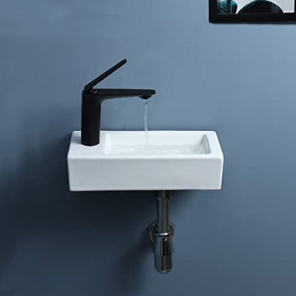 bathivy 15"x7.5" Wall Mount Corner Bathroom Sink with Pop-up Drain & Installation Kits, Rectangular White Ceramic Vessel Sink, Wall Hung Mini Floating Sink, Small Corner Sink for Bathrooms (Left Hand)