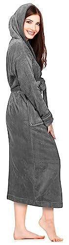NY Threads Womens Fleece Hooded Bath Robe - Plush Long Robe, Steel Grey, Medium