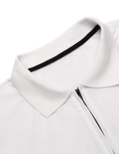 Mens Classic Short Sleeve Polo Shirt Zip Up Casual Summer Slim Fit Polo Shirt White