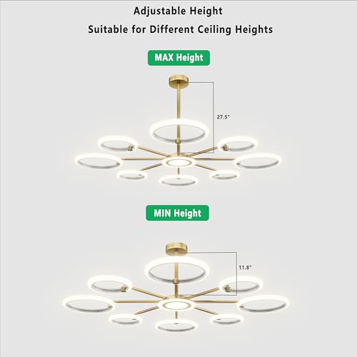 OUQI Dimmable Ceiling Light Fixture,Led Flush Mount Ceiling Light, Morden Gold Round Chandelier,7000K Ceiling Lights With Remote,Adjustable highness Chandelier For Dinning Room, Living Room,Bedroom