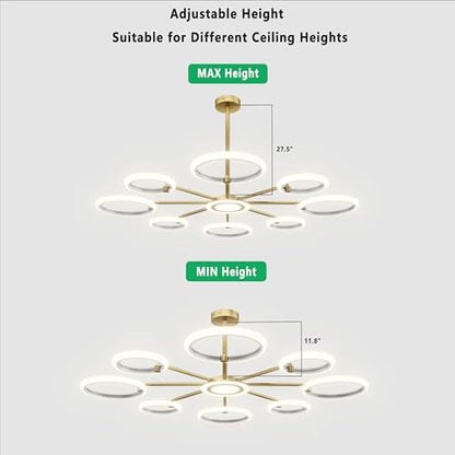 OUQI Dimmable Ceiling Light Fixture,Led Flush Mount Ceiling Light, Morden Gold Round Chandelier,7000K Ceiling Lights With Remote,Adjustable highness Chandelier For Dinning Room, Living Room,Bedroom