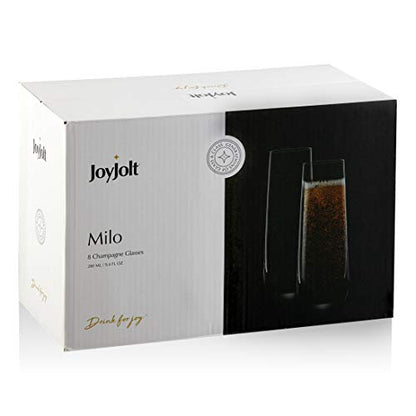 JoyJolt Milo Stemless Champagne Flutes Set of 8 Crystal Glasses. 9.4oz Champagne Glasses. Prosecco Wine Flute, Mimosa Glasses Set, Cocktail Glass Set, Water Glasses, Highball Glass, Bar Glassware