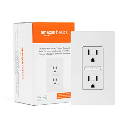 Amazon Basics Smart In-Wall Outlet with 2 Individually Controlled Outlets, Tamper Resistant, 2.4 GHz Wi-Fi, Works with Alexa Only, 4.57 x 2.80 x 1.85 inches, White