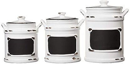 American Atelier Vintage Canister Set 3-Piece Ceramic Jars Chic Design with Lids for Cookies, Candy, Coffee, Flour, Sugar, Rice, Pasta, Cereal & More, 21x8x11, White with Black Distressing