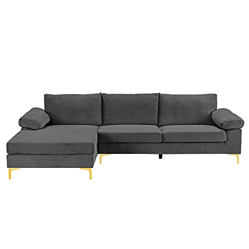 Casa Andrea Milano Modern Sectional Sofa L Shaped Velvet Couch, with Extra Wide Chaise Lounge and Gold Legs, Dark Grey