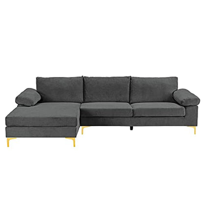 Casa Andrea Milano Modern Sectional Sofa L Shaped Velvet Couch, with Extra Wide Chaise Lounge and Gold Legs, Dark Grey