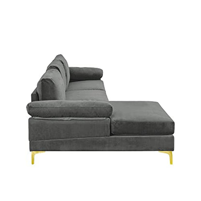 Casa Andrea Milano Modern Sectional Sofa L Shaped Velvet Couch, with Extra Wide Chaise Lounge and Gold Legs, Dark Grey