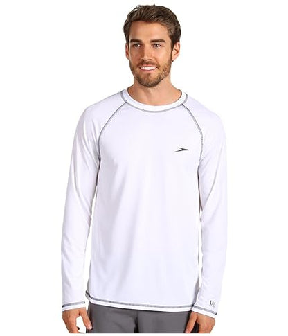 Speedo mens Uv Shirt Long Sleeve Loose Fit Easy Tee athletic technical swimsuits, White, Medium US