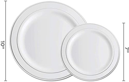 600 Piece Silver Dinnerware Set -100 Silver Rim 10 inch Plastic Plates 100 Silver Rim 7 Inch Plates -300 Silver Plastic Silverware -100 Silver Plastic Cups -100 Guest Disposable Silver Dinnerware Set