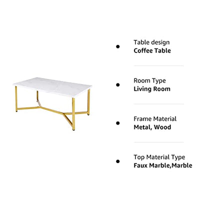 AZL1 Life Concept Marble Gold Mid Century Modern Rectangle Coffee Table, White