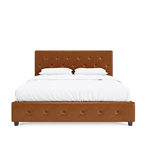 DHP Dakota Upholstered Platform Bed with Diamond Button Tufted Headboard and Footboard, No Box Spring Needed, Queen, Camel Faux Leather