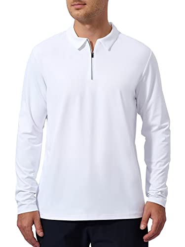 MARAMI Men’s Polo T Shirts - Quarter Zip Pullover Men Long Sleeve Dry Fit Golf Fishing Workout Casual Collared Shirts for Men White Size M