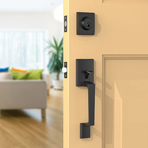 UYF Front Door Handle Set, Exteriort Door Lock Set with Single Cylinder Deadbolt and Lever, Reversible Entry Handleset for Right and Left Handed,Matte Black