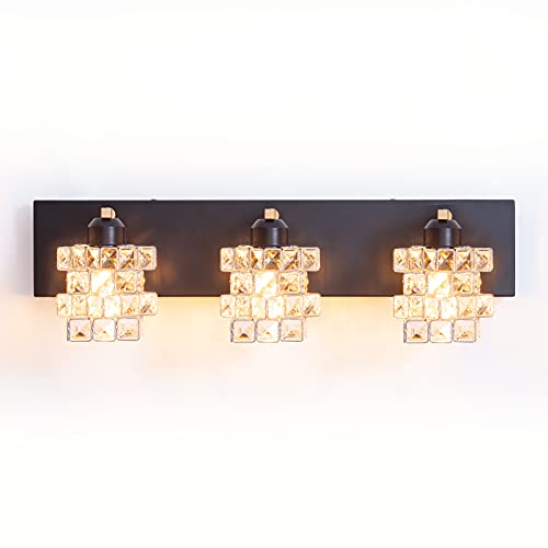 FLOURIM Vanity Light Fixture, Modern Crystal Bathroom Vanity Light Fixtures,Over Mirror 3 Lights Wall Sconcs, E26 Chrome Vanity Light Bathroom Wall Lighting
