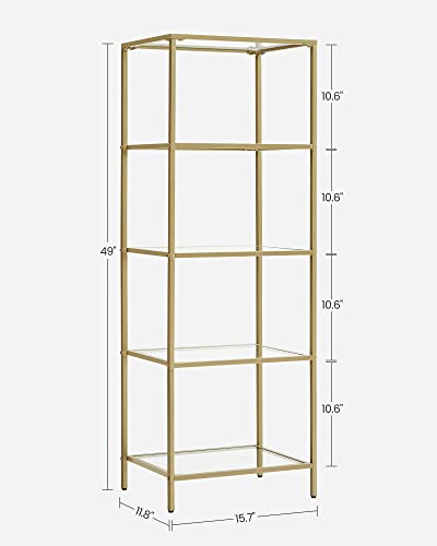VASAGLE Bookcase, 5-Tier Bookshelf, Slim Shelving Unit for Bedroom, Bathroom, Home Office, Tempered Glass, Steel Frame, Metallic Gold ULGT029A01